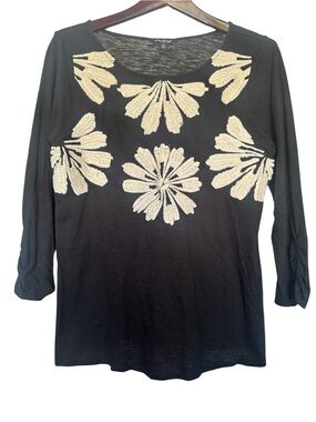 Lucky Brand Black Long-Sleeve Top with Cream Floral Appliqué
